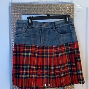 Denim/plaid pleated skirt